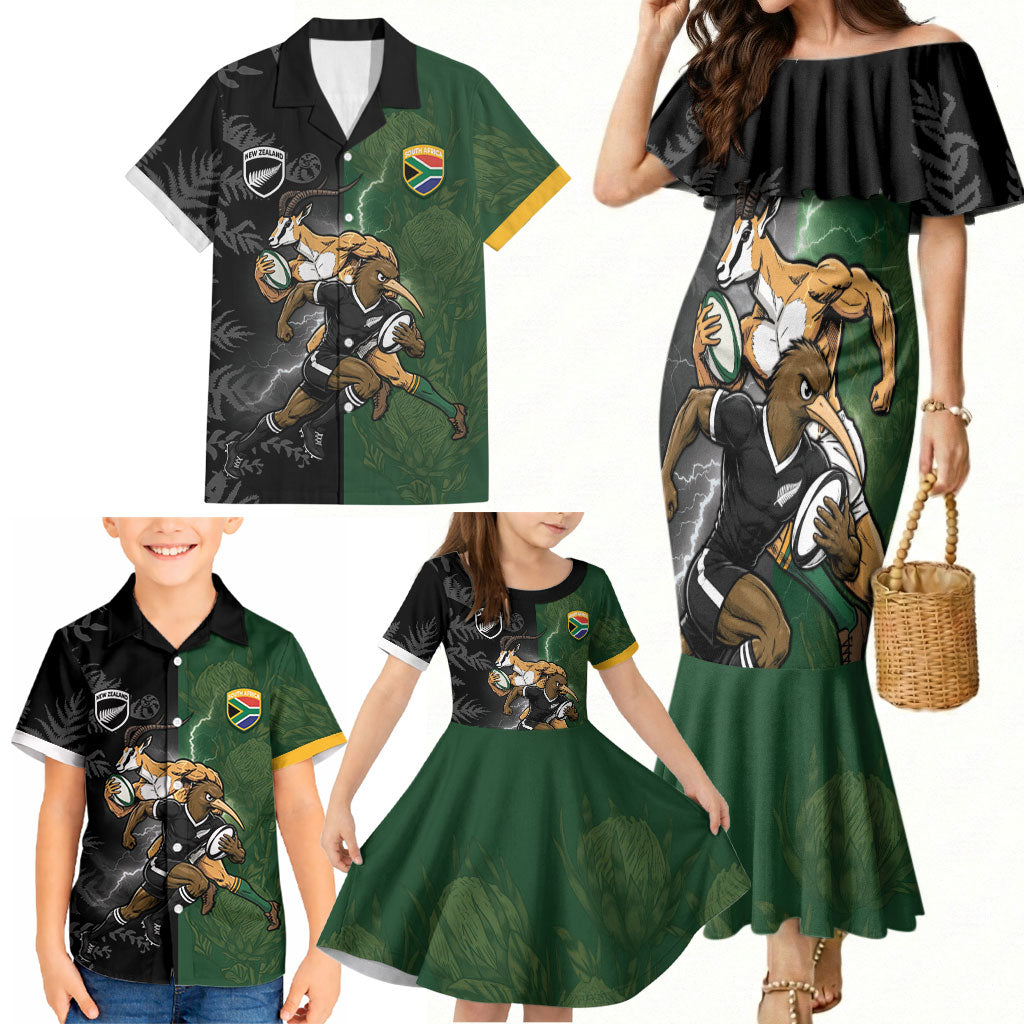 Custom South Africa And New Zealand Family Matching Mermaid Dress and Hawaiian Shirt Springboks And Kiwis Rugby Rivalry