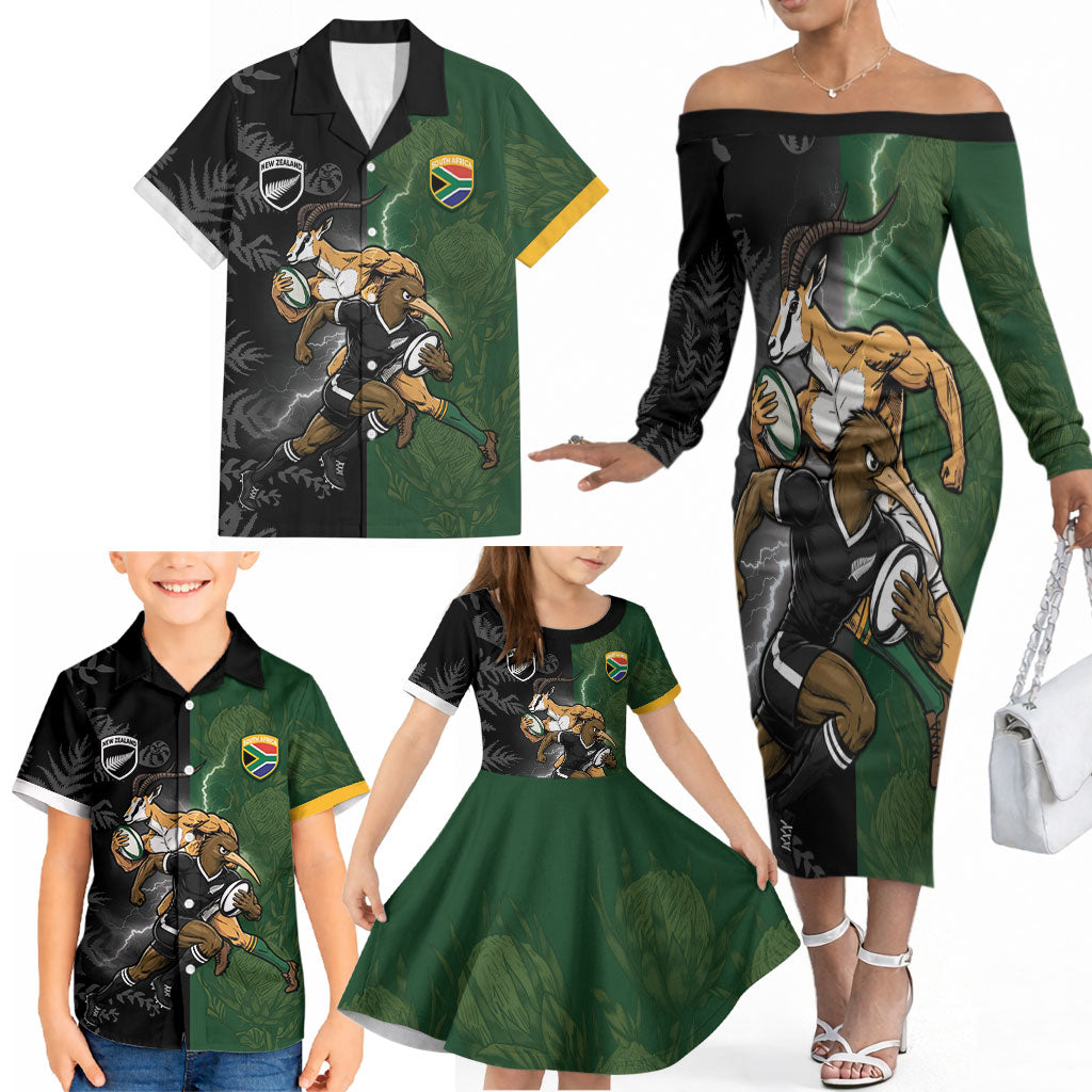 Custom South Africa And New Zealand Family Matching Off The Shoulder Long Sleeve Dress and Hawaiian Shirt Springboks And Kiwis Rugby Rivalry