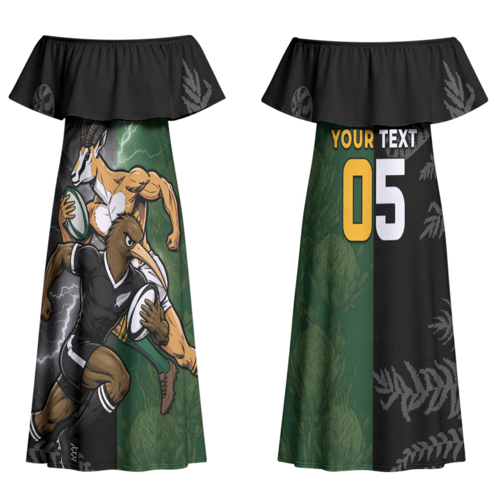 Custom South Africa And New Zealand Family Matching Off Shoulder Maxi Dress and Hawaiian Shirt Springboks And Kiwis Rugby Rivalry