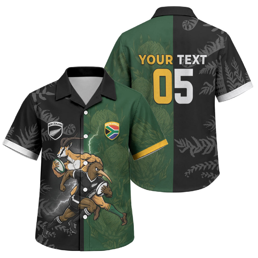 Custom South Africa And New Zealand Family Matching Off Shoulder Short Dress and Hawaiian Shirt Springboks And Kiwis Rugby Rivalry