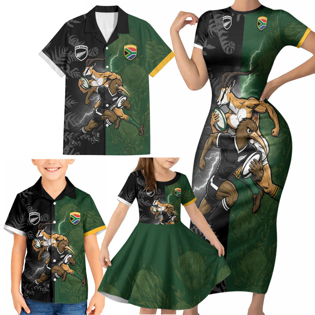 Custom South Africa And New Zealand Family Matching Short Sleeve Bodycon Dress and Hawaiian Shirt Springboks And Kiwis Rugby Rivalry