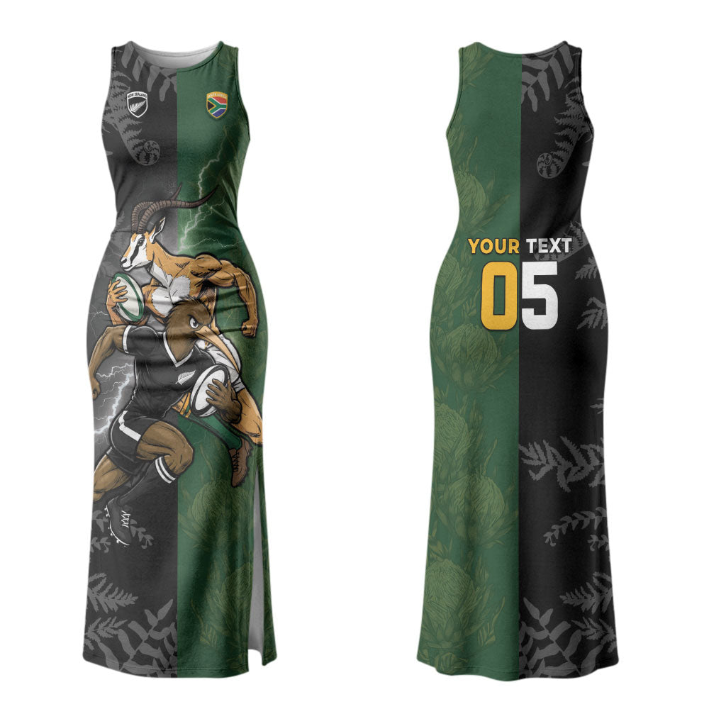 Custom South Africa And New Zealand Family Matching Tank Maxi Dress and Hawaiian Shirt Springboks And Kiwis Rugby Rivalry