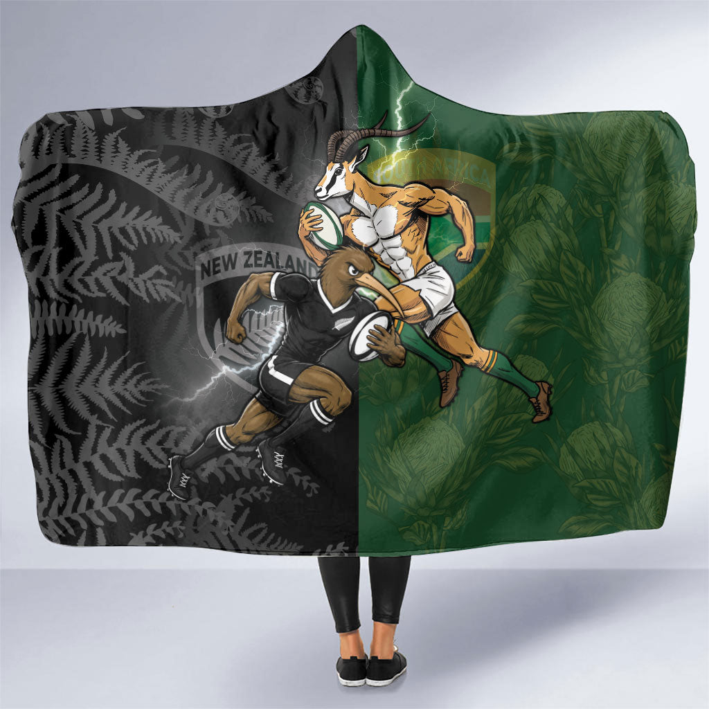 South Africa And New Zealand Hooded Blanket Springboks And Kiwis Rugby Rivalry