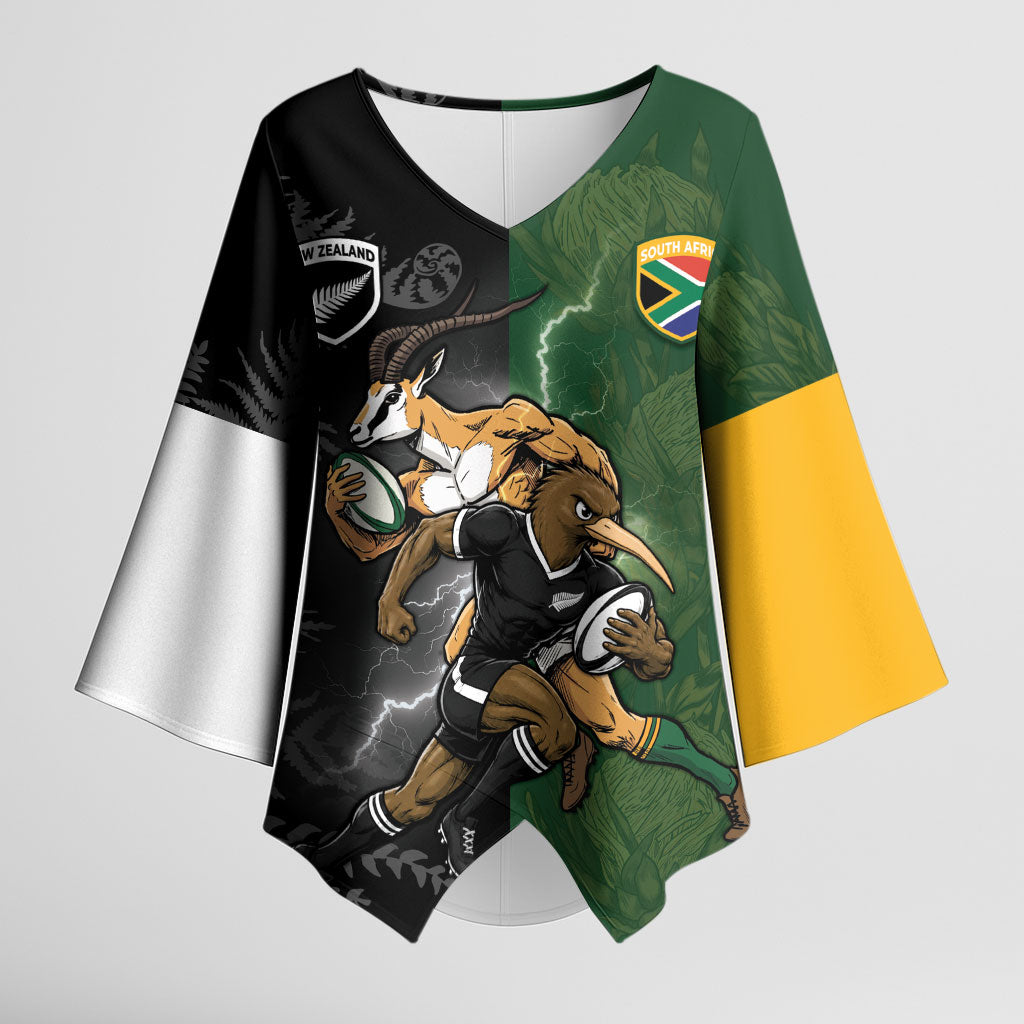 Custom South Africa And New Zealand Kimono Sleeve Blouse Springboks And Kiwis Rugby Rivalry