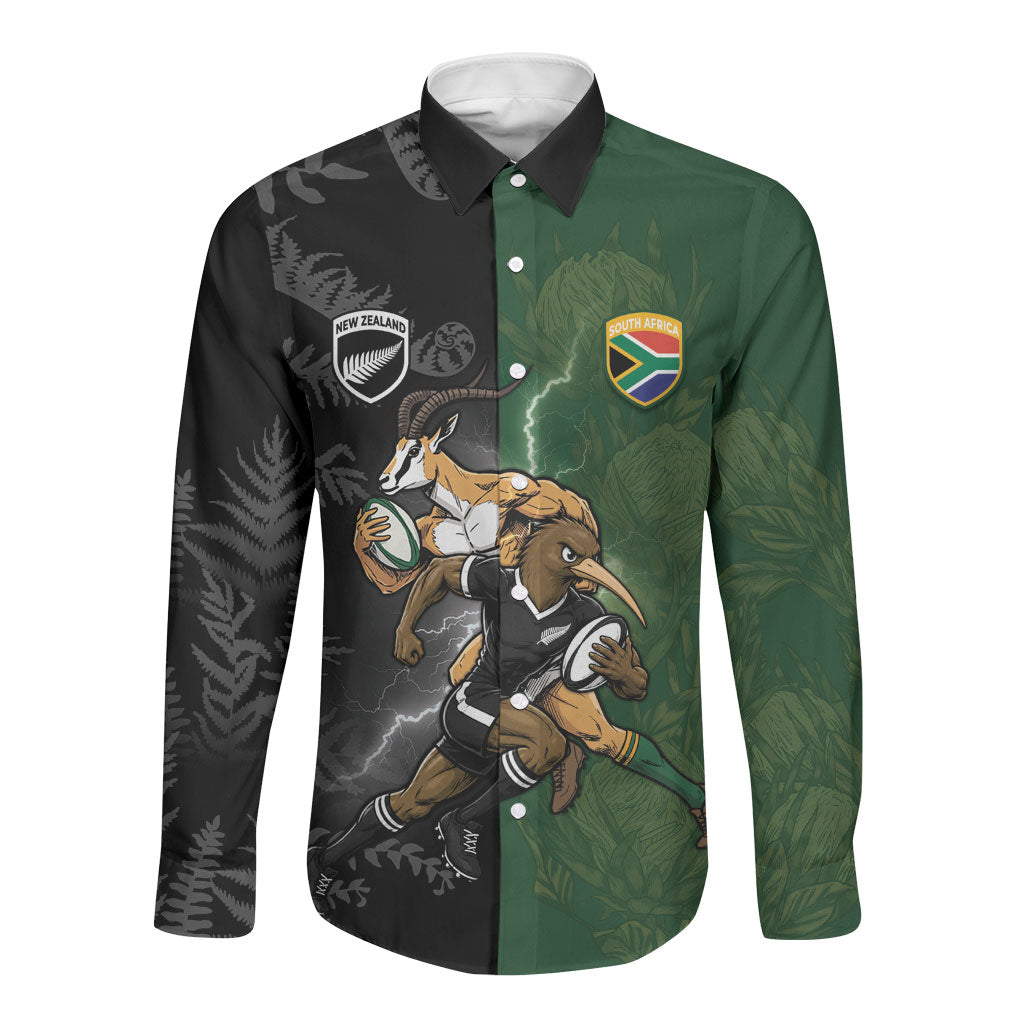 Custom South Africa And New Zealand Long Sleeve Button Shirt Springboks And Kiwis Rugby Rivalry
