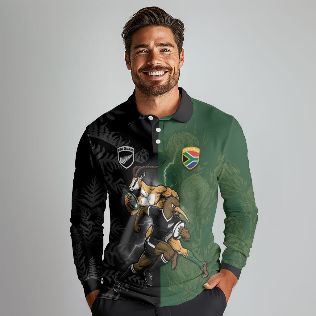 Custom South Africa And New Zealand Long Sleeve Polo Shirt Springboks And Kiwis Rugby Rivalry