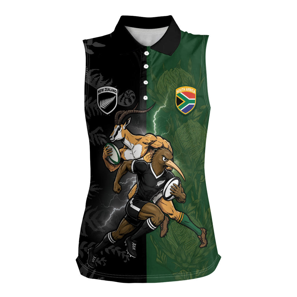 Custom South Africa And New Zealand Women Sleeveless Polo Shirt Springboks And Kiwis Rugby Rivalry