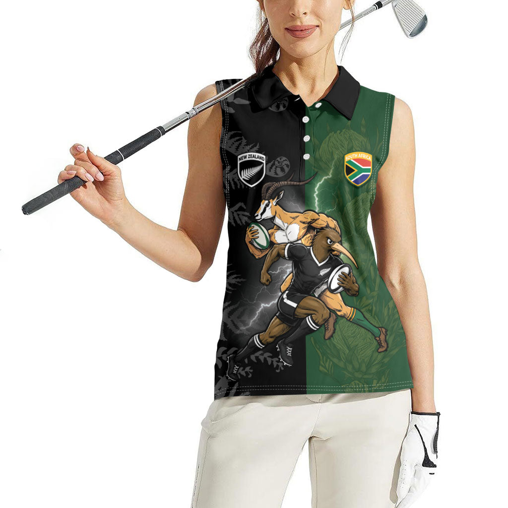 Custom South Africa And New Zealand Women Sleeveless Polo Shirt Springboks And Kiwis Rugby Rivalry