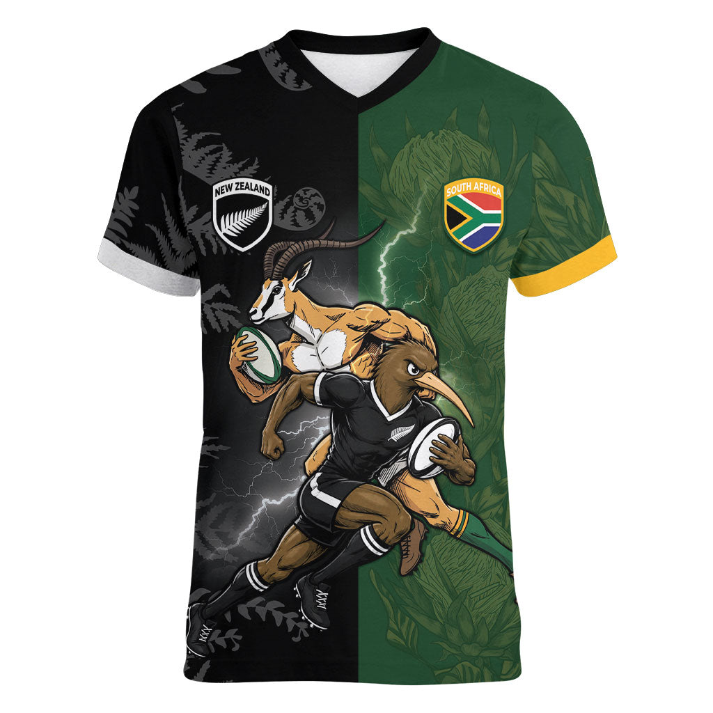 Custom South Africa And New Zealand Women V-Neck T-Shirt Springboks And Kiwis Rugby Rivalry