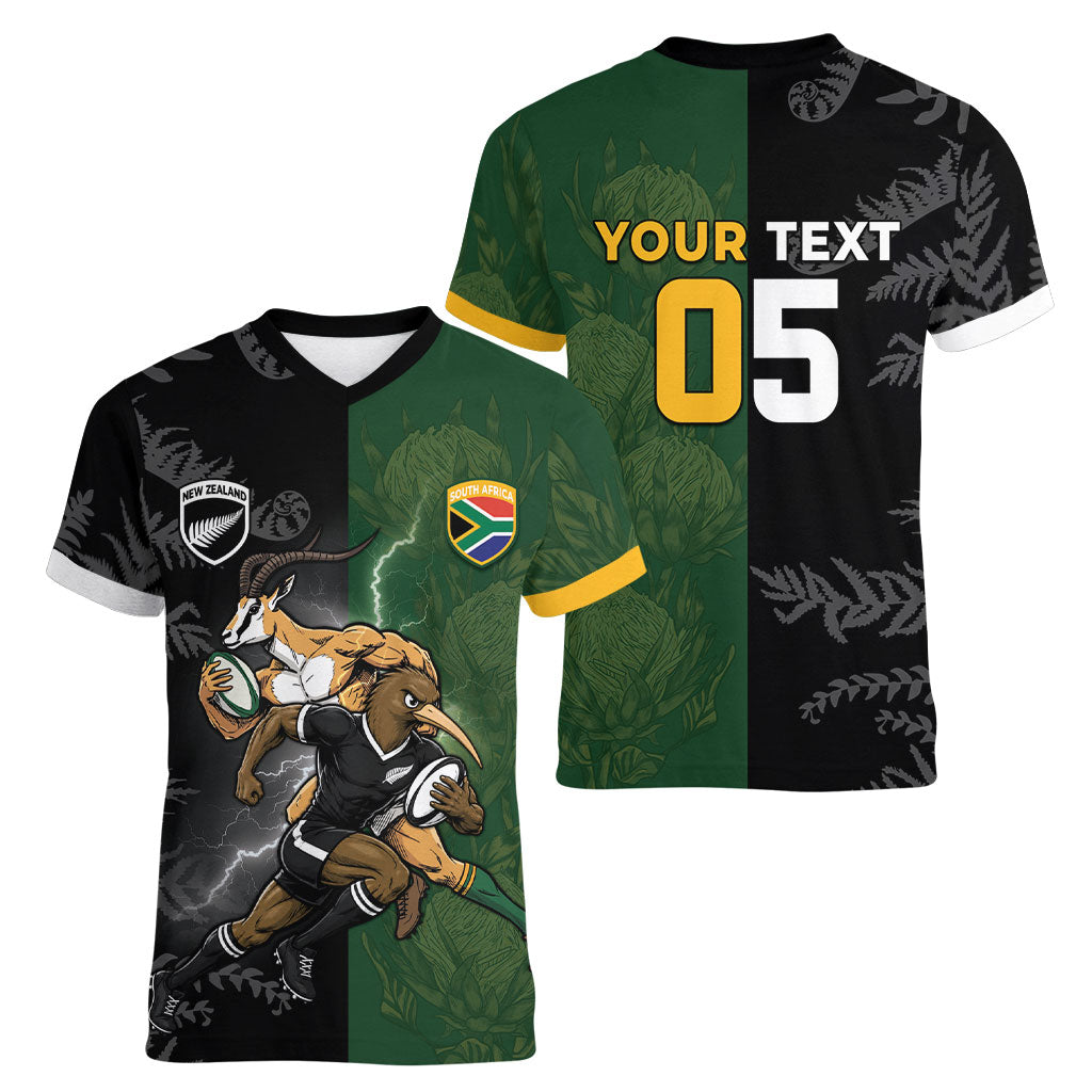 Custom South Africa And New Zealand Women V-Neck T-Shirt Springboks And Kiwis Rugby Rivalry