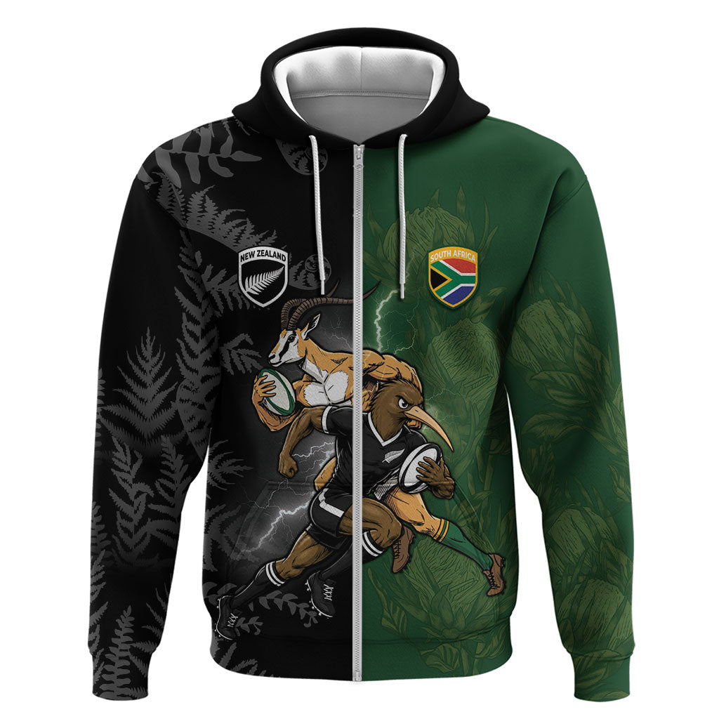 Custom South Africa And New Zealand Zip Hoodie Springboks And Kiwis Rugby Rivalry