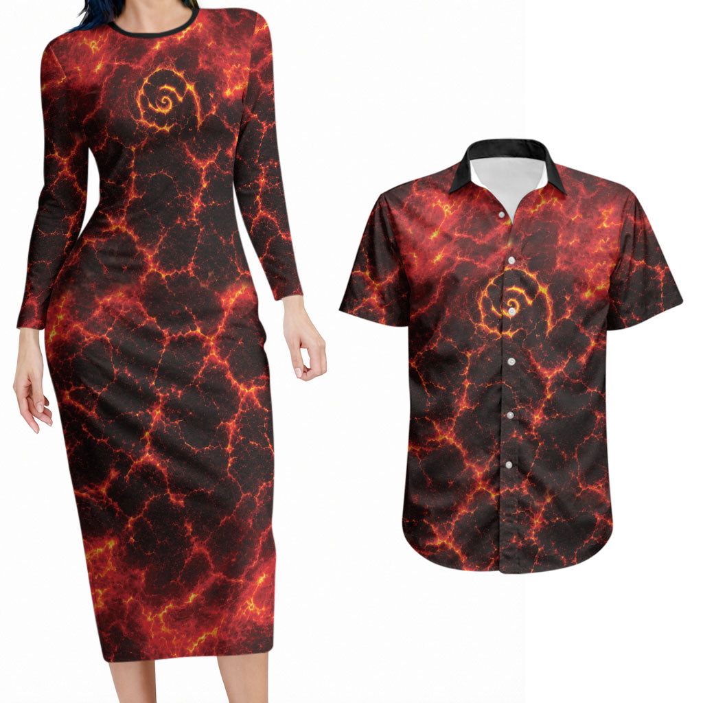 Lava Monster Costume Couples Matching Long Sleeve Bodycon Dress and Hawaiian Shirt Fiery Lava Spiral