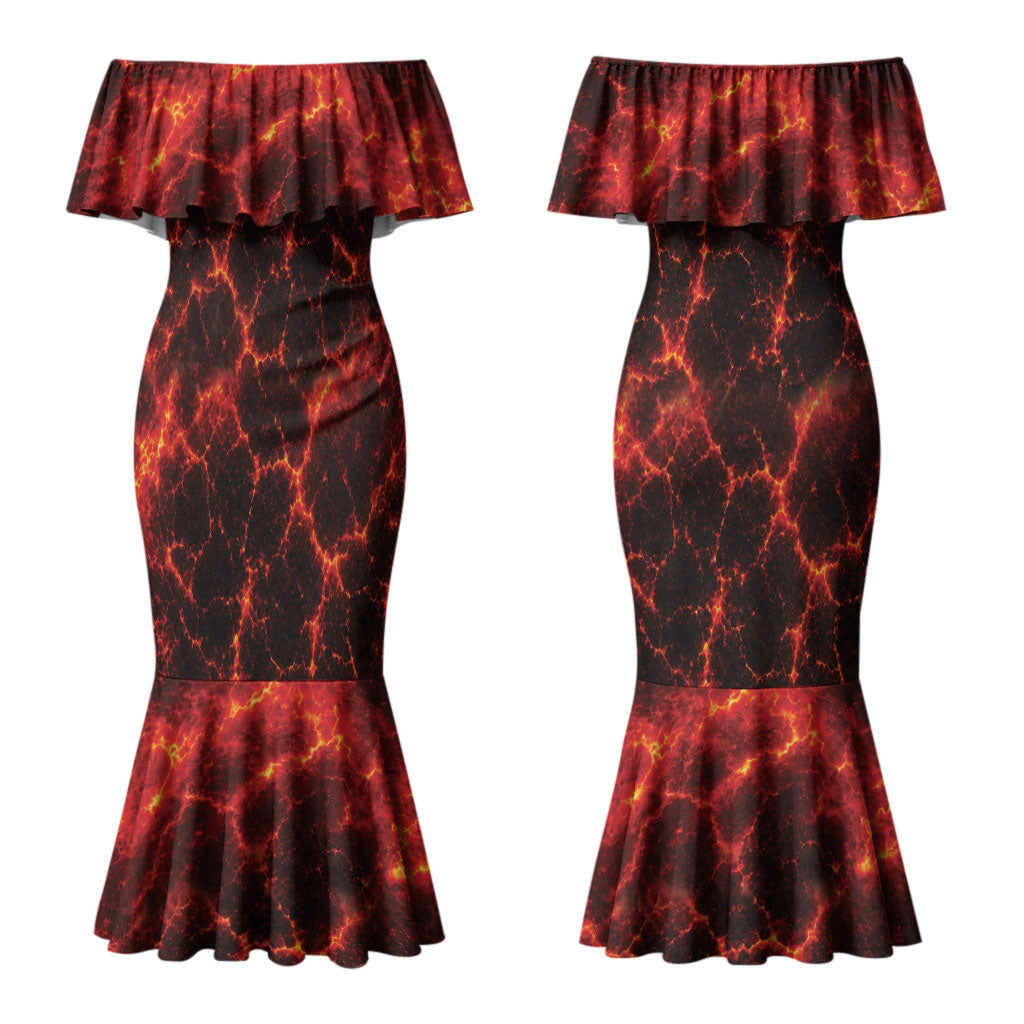 Lava Monster Costume Couples Matching Mermaid Dress and Hawaiian Shirt Fiery Lava Spiral