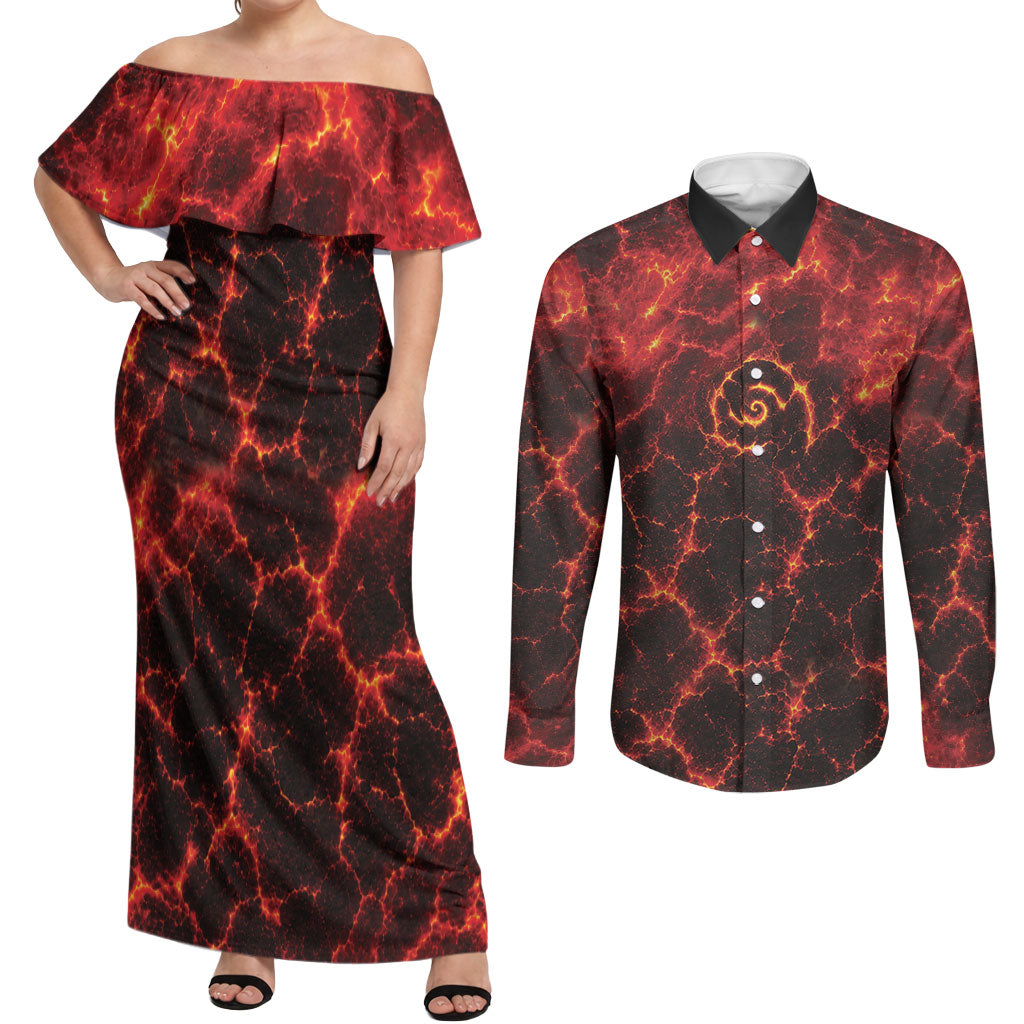 Lava Monster Costume Couples Matching Off Shoulder Maxi Dress and Long Sleeve Button Shirt Fiery Lava Spiral