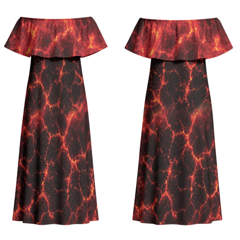 Lava Monster Costume Couples Matching Off Shoulder Maxi Dress and Long Sleeve Button Shirt Fiery Lava Spiral