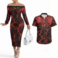 Lava Monster Costume Couples Matching Off The Shoulder Long Sleeve Dress and Hawaiian Shirt Fiery Lava Spiral