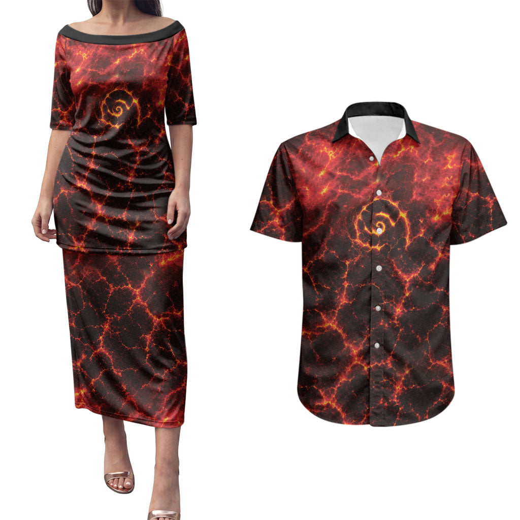 Lava Monster Costume Couples Matching Puletasi and Hawaiian Shirt Fiery Lava Spiral