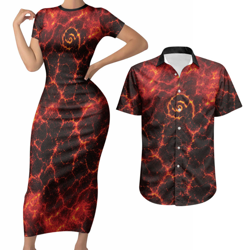 Lava Monster Costume Couples Matching Short Sleeve Bodycon Dress and Hawaiian Shirt Fiery Lava Spiral