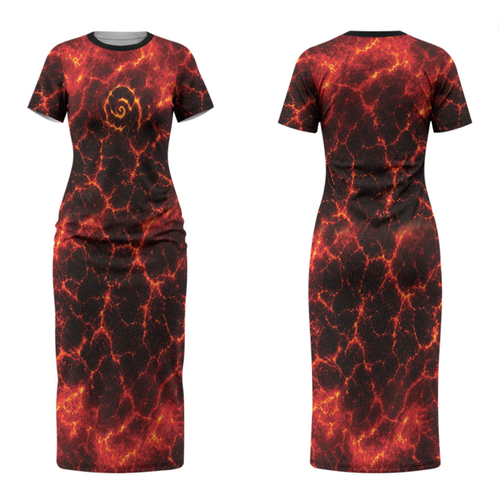 Lava Monster Costume Couples Matching Short Sleeve Bodycon Dress and Hawaiian Shirt Fiery Lava Spiral