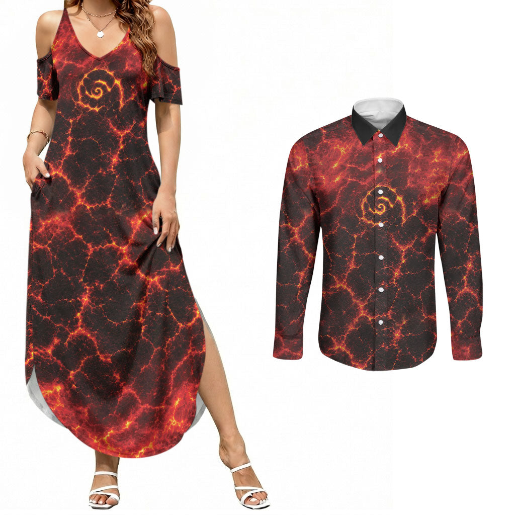 Lava Monster Costume Couples Matching Summer Maxi Dress and Long Sleeve Button Shirt Fiery Lava Spiral