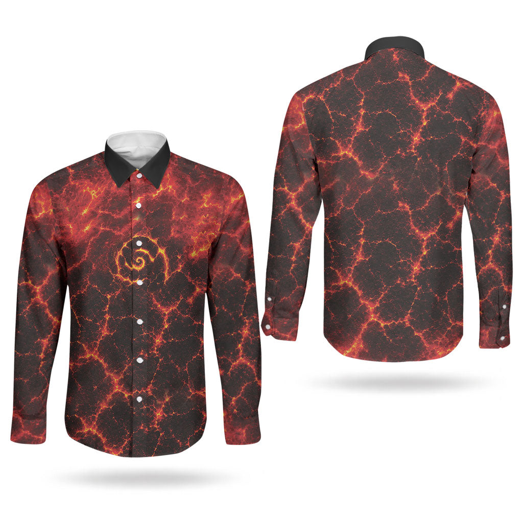 Lava Monster Costume Couples Matching Summer Maxi Dress and Long Sleeve Button Shirt Fiery Lava Spiral