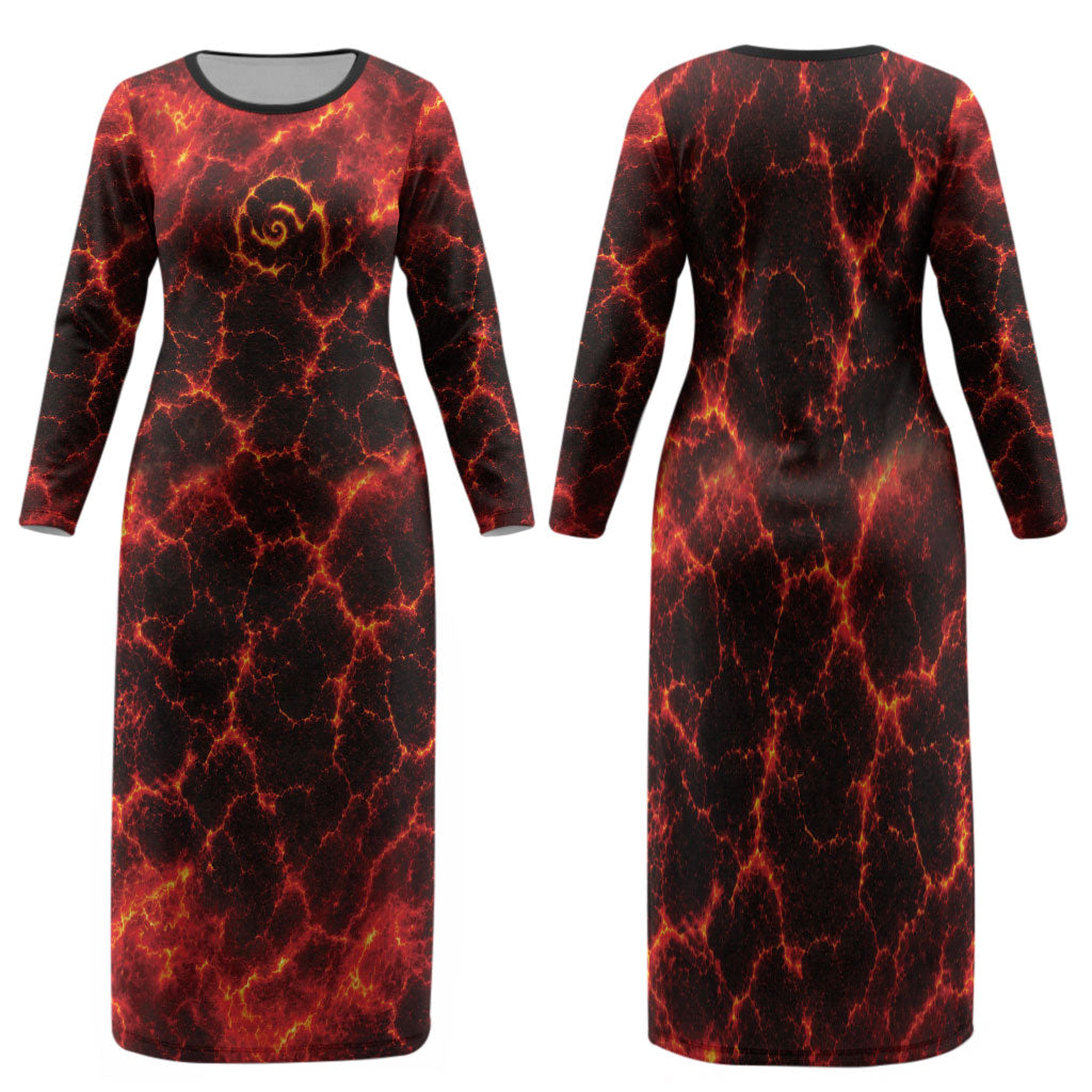 Lava Monster Costume Family Matching Long Sleeve Bodycon Dress and Hawaiian Shirt Fiery Lava Spiral