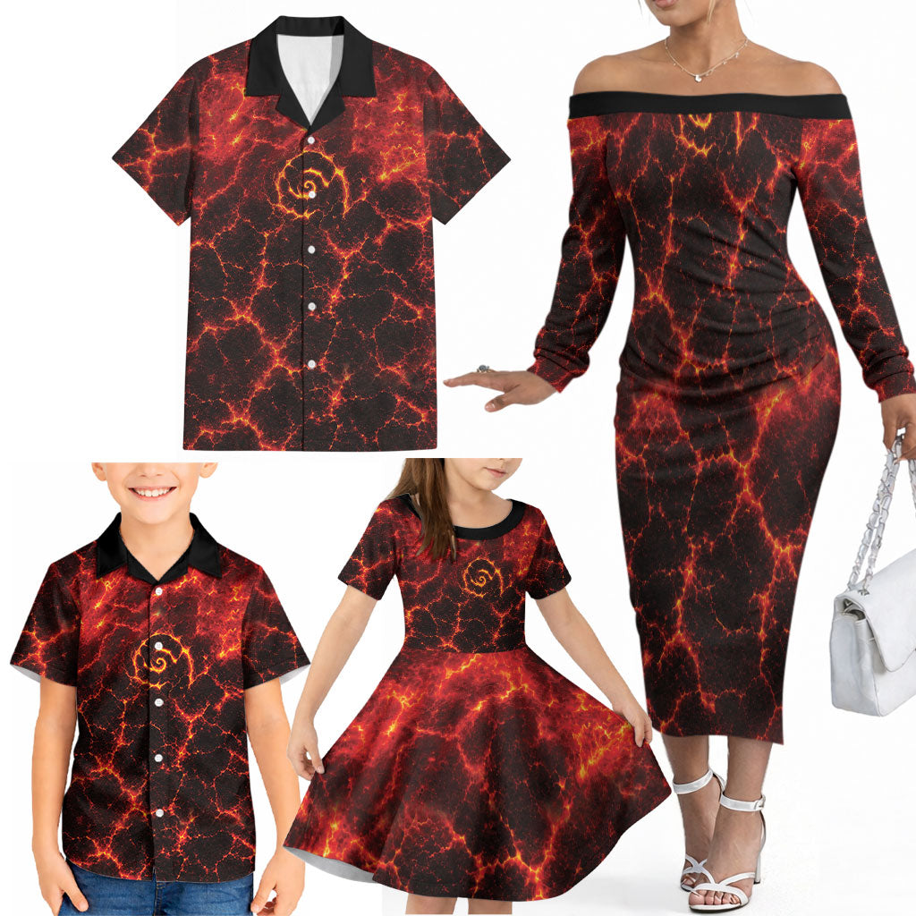 Lava Monster Costume Family Matching Off The Shoulder Long Sleeve Dress and Hawaiian Shirt Fiery Lava Spiral
