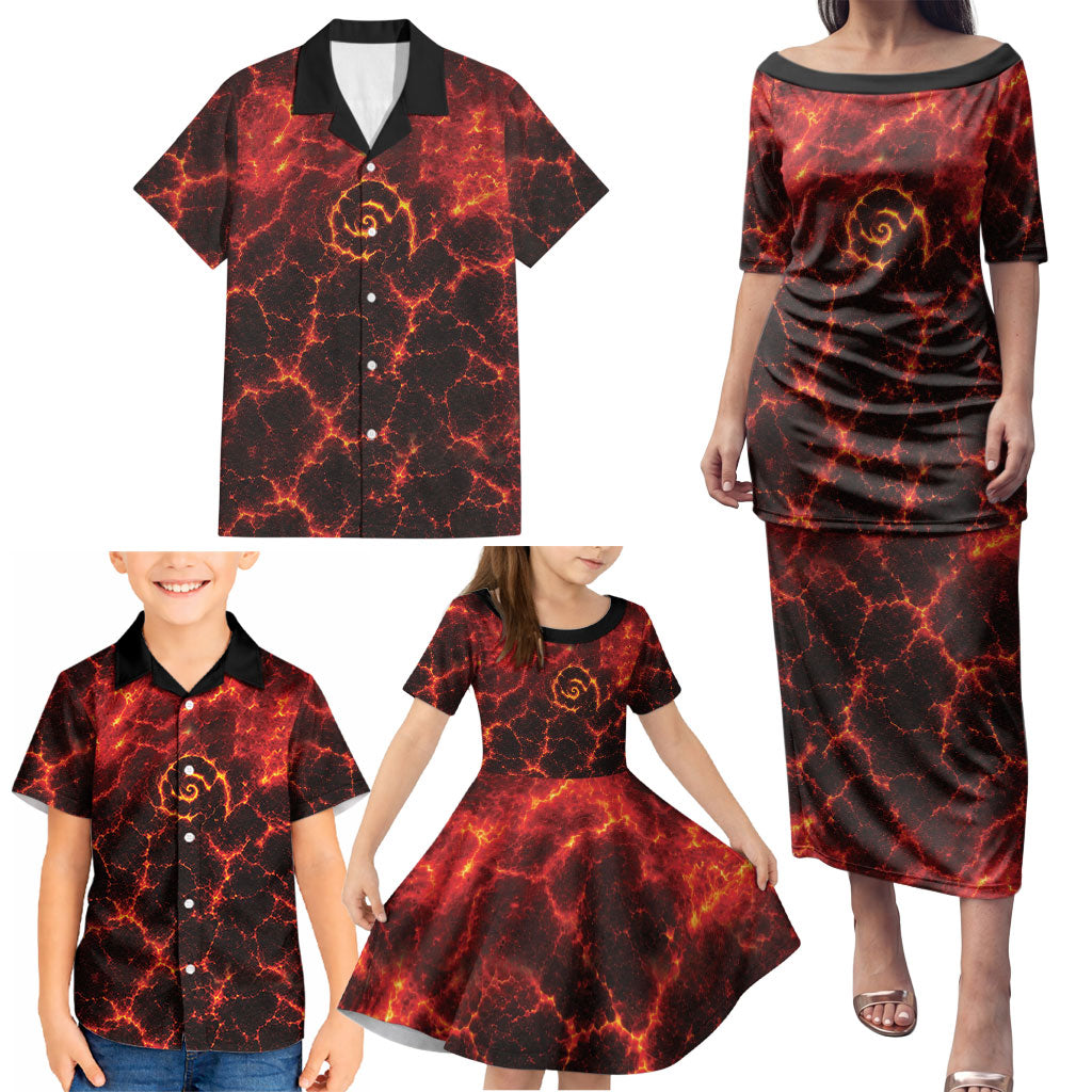 Lava Monster Costume Family Matching Puletasi and Hawaiian Shirt Fiery Lava Spiral