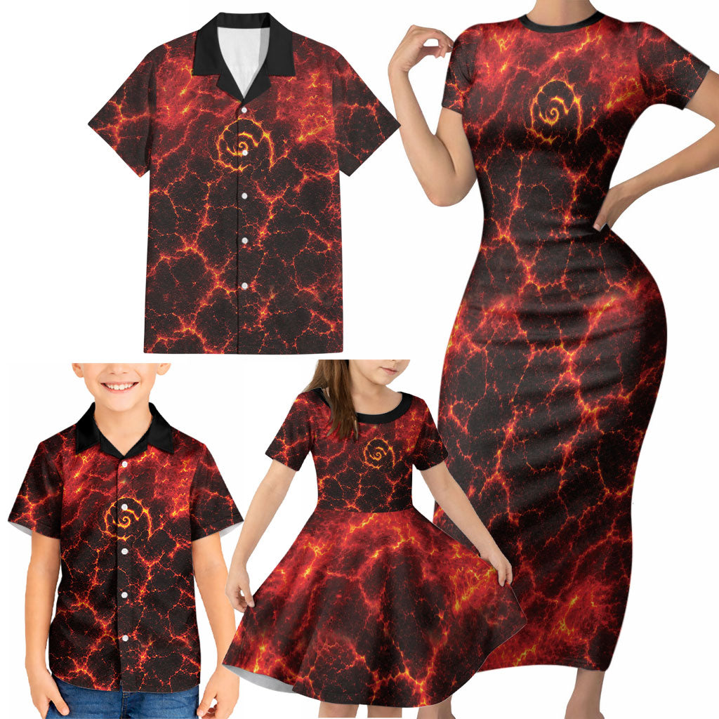 Lava Monster Costume Family Matching Short Sleeve Bodycon Dress and Hawaiian Shirt Fiery Lava Spiral