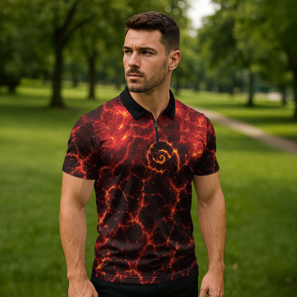 Lava Monster Costume Zipper Polo Shirt Fiery Lava Spiral