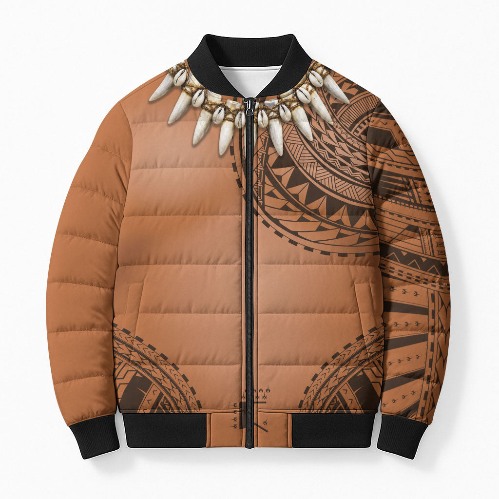 Polynesian Chief Inspired Costume Bomber Puffer Jacket Tribal Pattern With Tooth Necklace