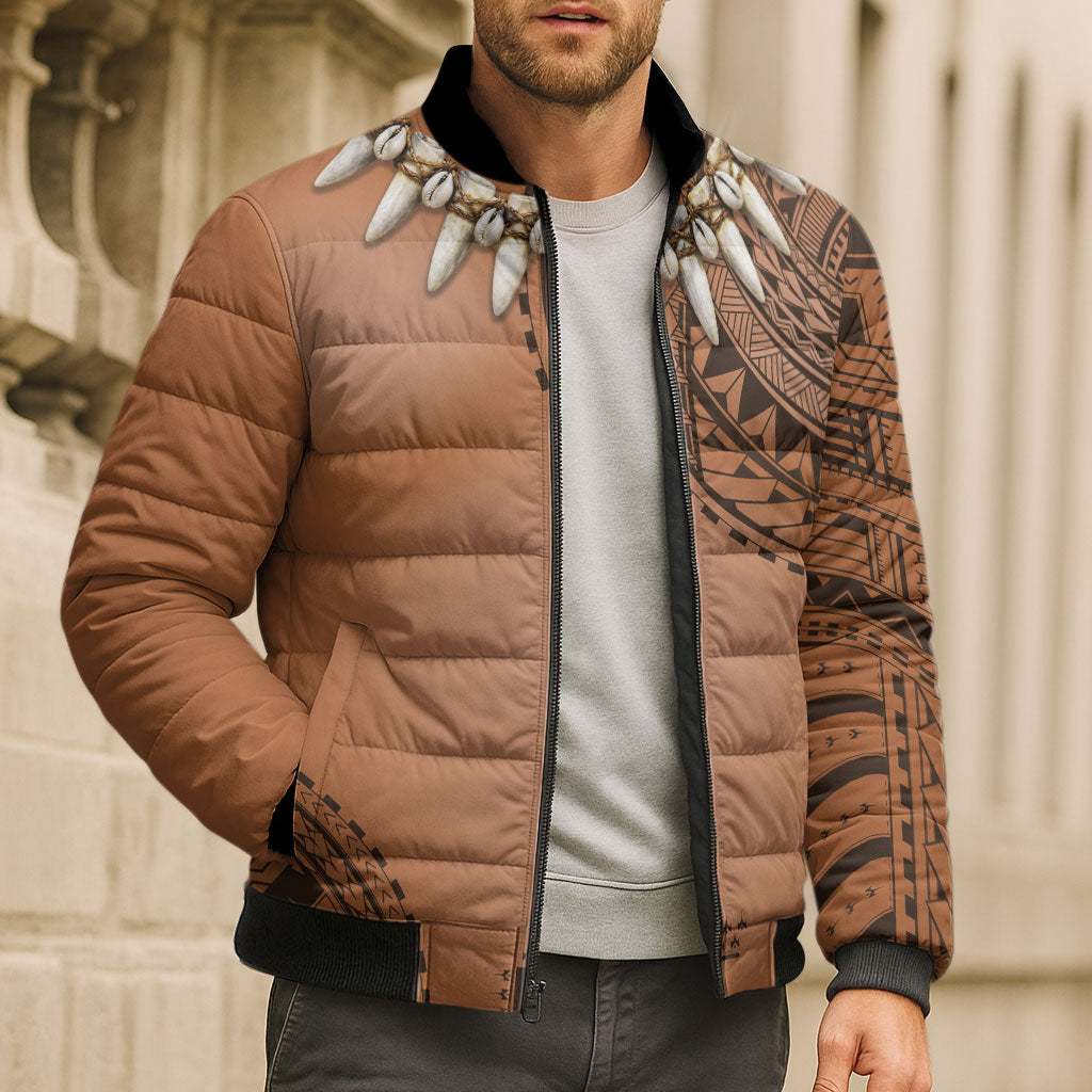 Polynesian Chief Inspired Costume Bomber Puffer Jacket Tribal Pattern With Tooth Necklace