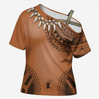 Polynesian Chief Inspired Costume Cross Shoulder Shirt Tribal Pattern With Tooth Necklace