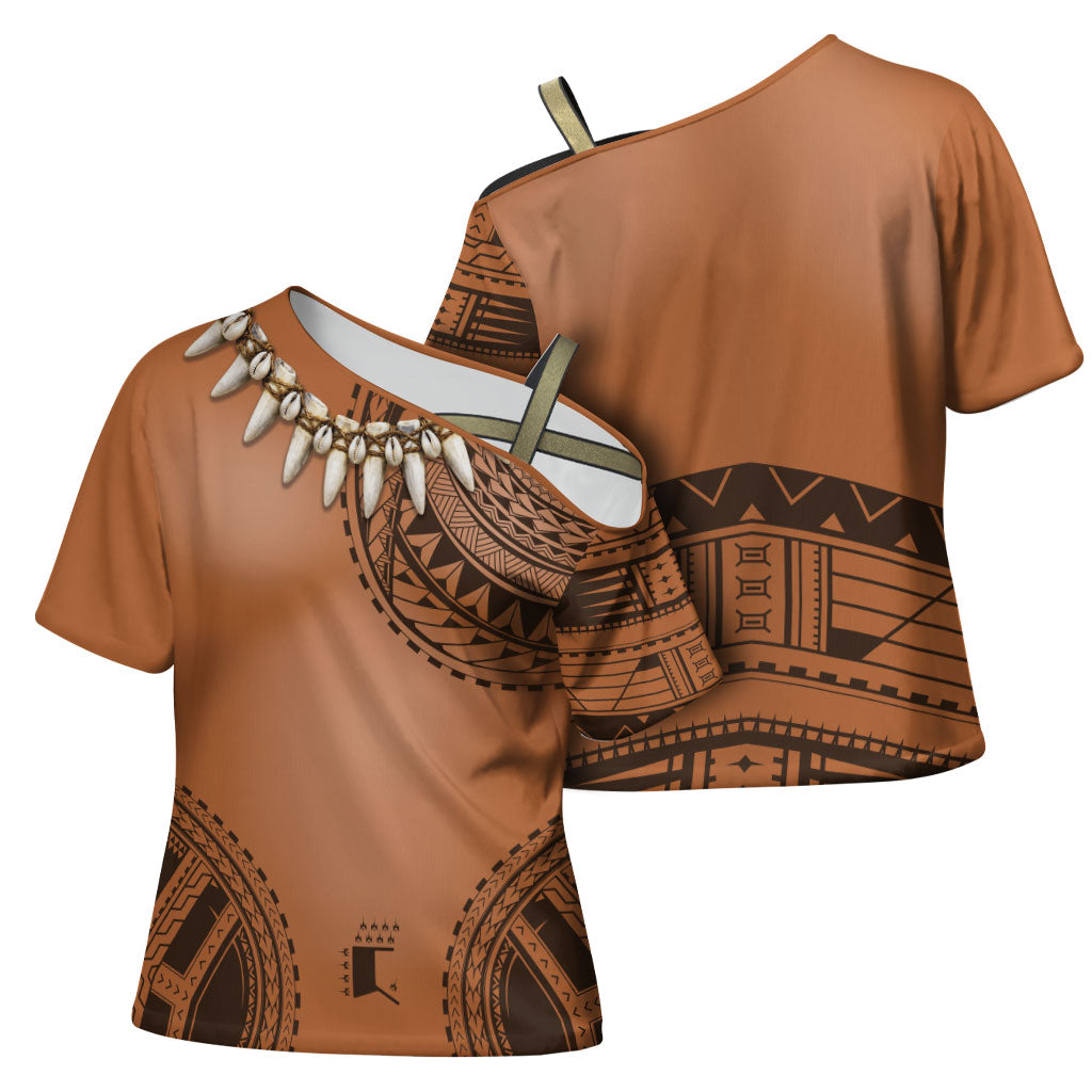 Polynesian Chief Inspired Costume Cross Shoulder Shirt Tribal Pattern With Tooth Necklace