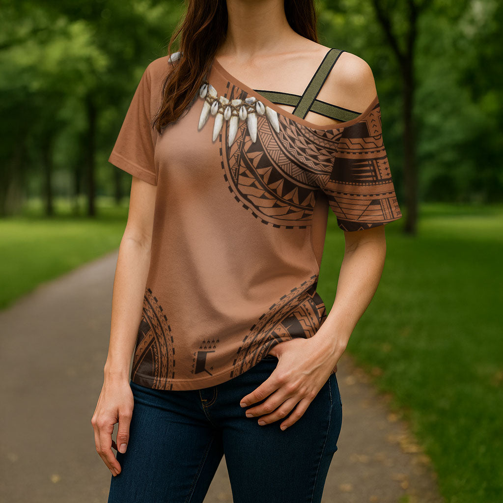 Polynesian Chief Inspired Costume Cross Shoulder Shirt Tribal Pattern With Tooth Necklace