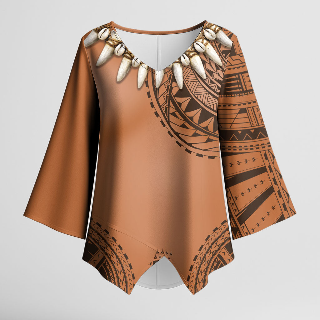 Polynesian Chief Inspired Costume Kimono Sleeve Blouse Tribal Pattern With Tooth Necklace