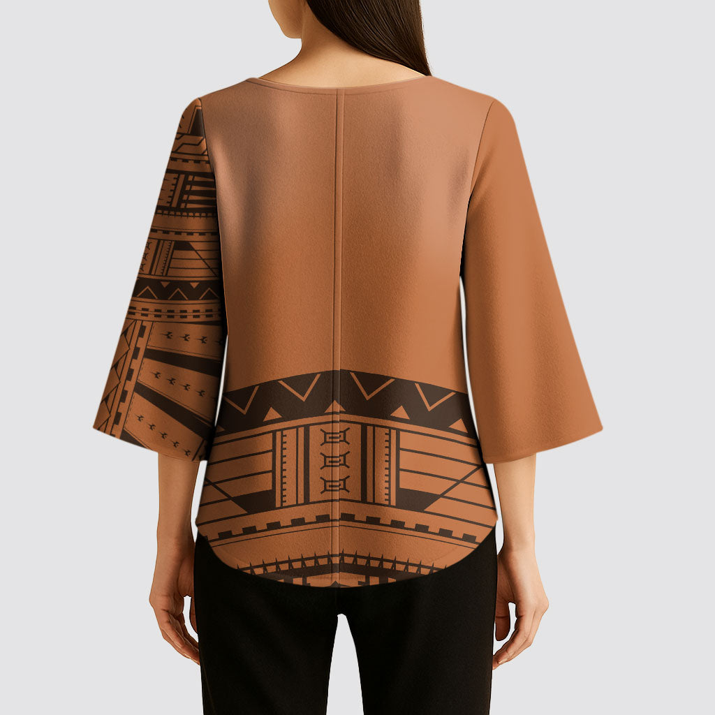 Polynesian Chief Inspired Costume Kimono Sleeve Blouse Tribal Pattern With Tooth Necklace