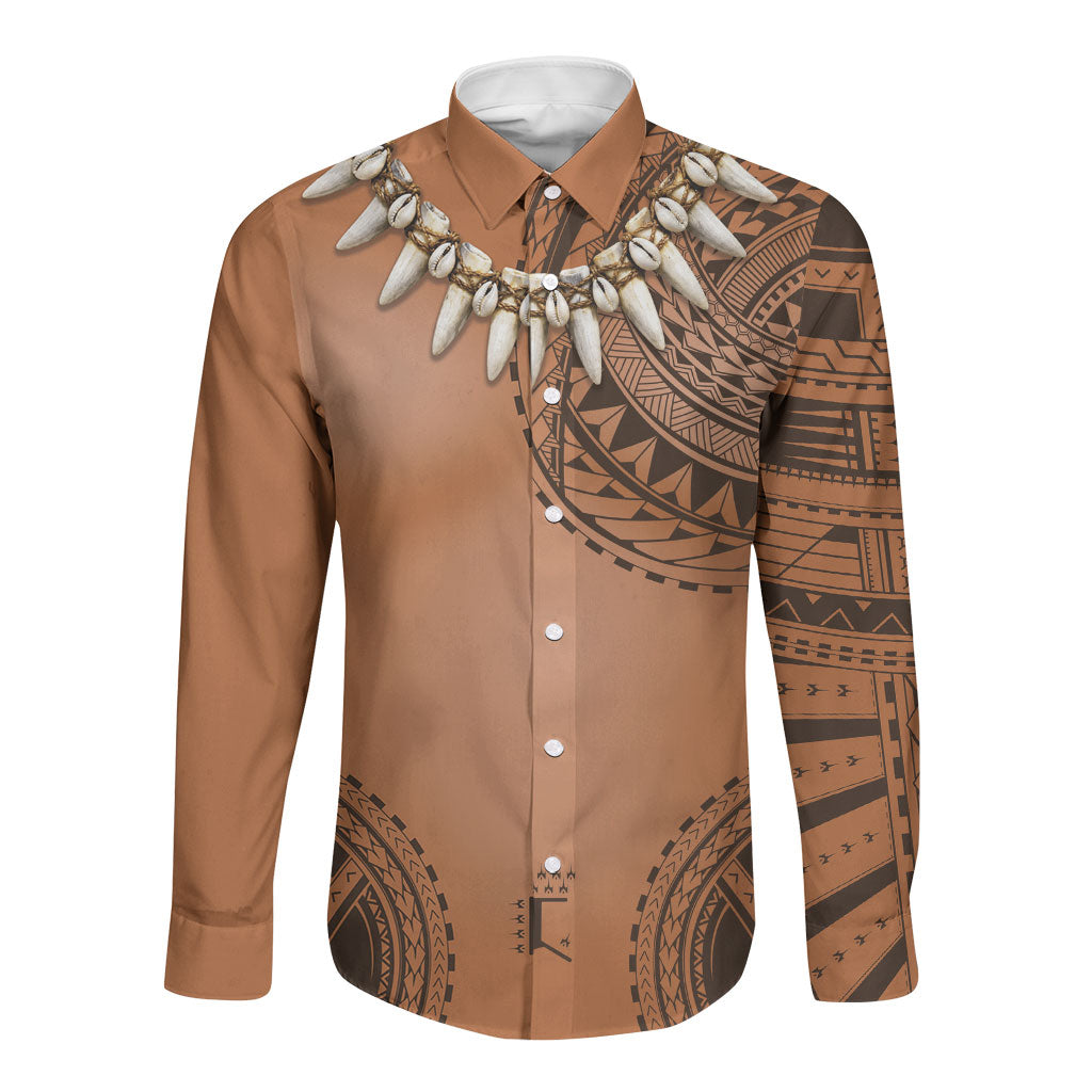 Polynesian Chief Inspired Costume Long Sleeve Button Shirt Tribal Pattern With Tooth Necklace