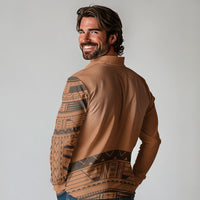 Polynesian Chief Inspired Costume Long Sleeve Polo Shirt Tribal Pattern With Tooth Necklace