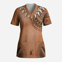 Polynesian Chief Inspired Costume Scrub Top Tribal Pattern With Tooth Necklace