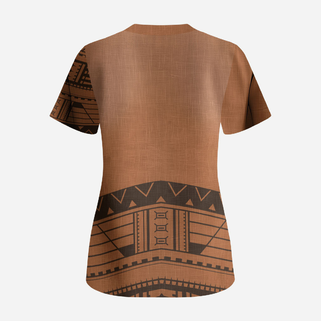 Polynesian Chief Inspired Costume Scrub Top Tribal Pattern With Tooth Necklace