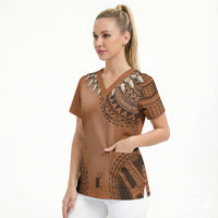 Polynesian Chief Inspired Costume Scrub Top Tribal Pattern With Tooth Necklace