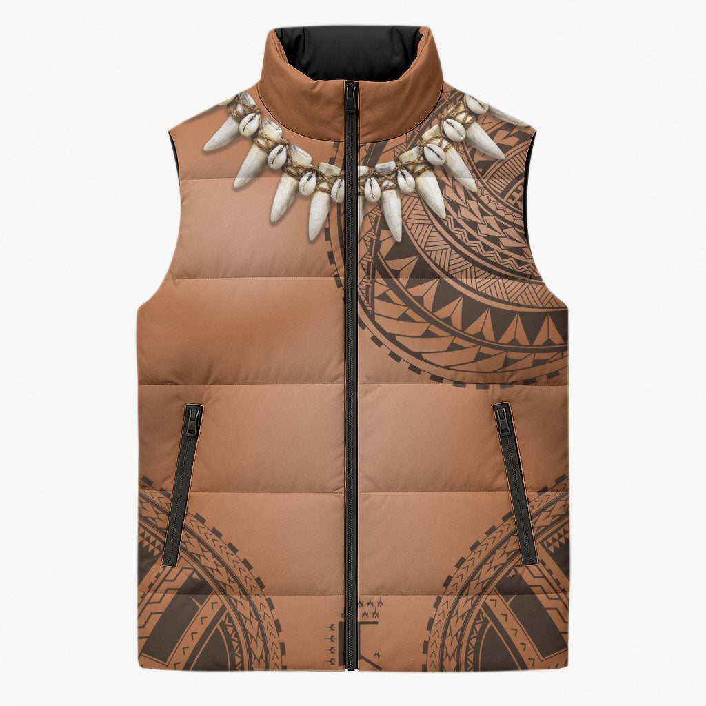 Polynesian Chief Inspired Costume Sleeveless Puffer Jacket Tribal Pattern With Tooth Necklace