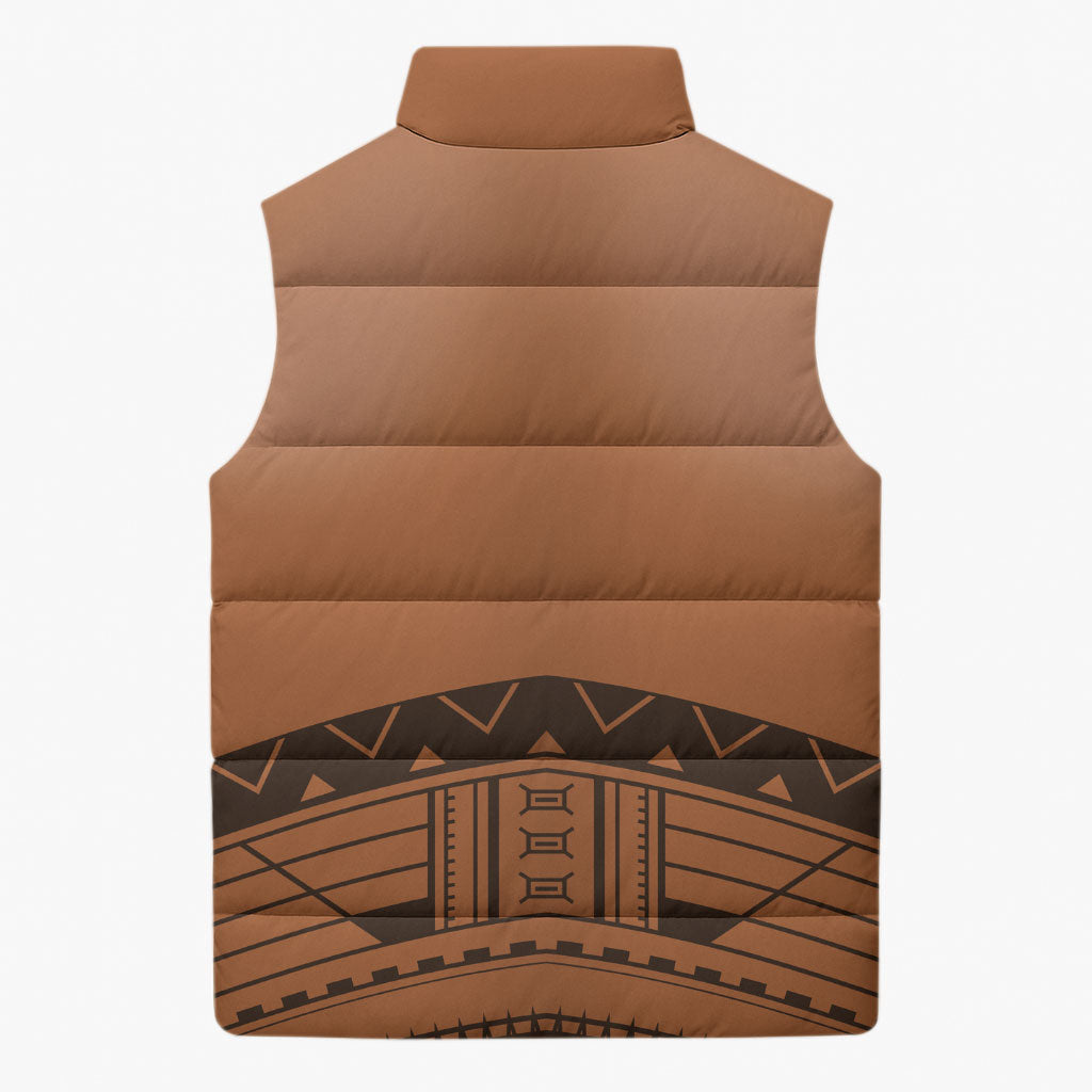 Polynesian Chief Inspired Costume Sleeveless Puffer Jacket Tribal Pattern With Tooth Necklace