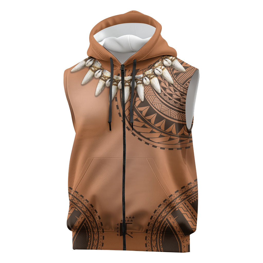 Polynesian Chief Inspired Costume Sleeveless Zip Hoodie Tribal Pattern With Tooth Necklace
