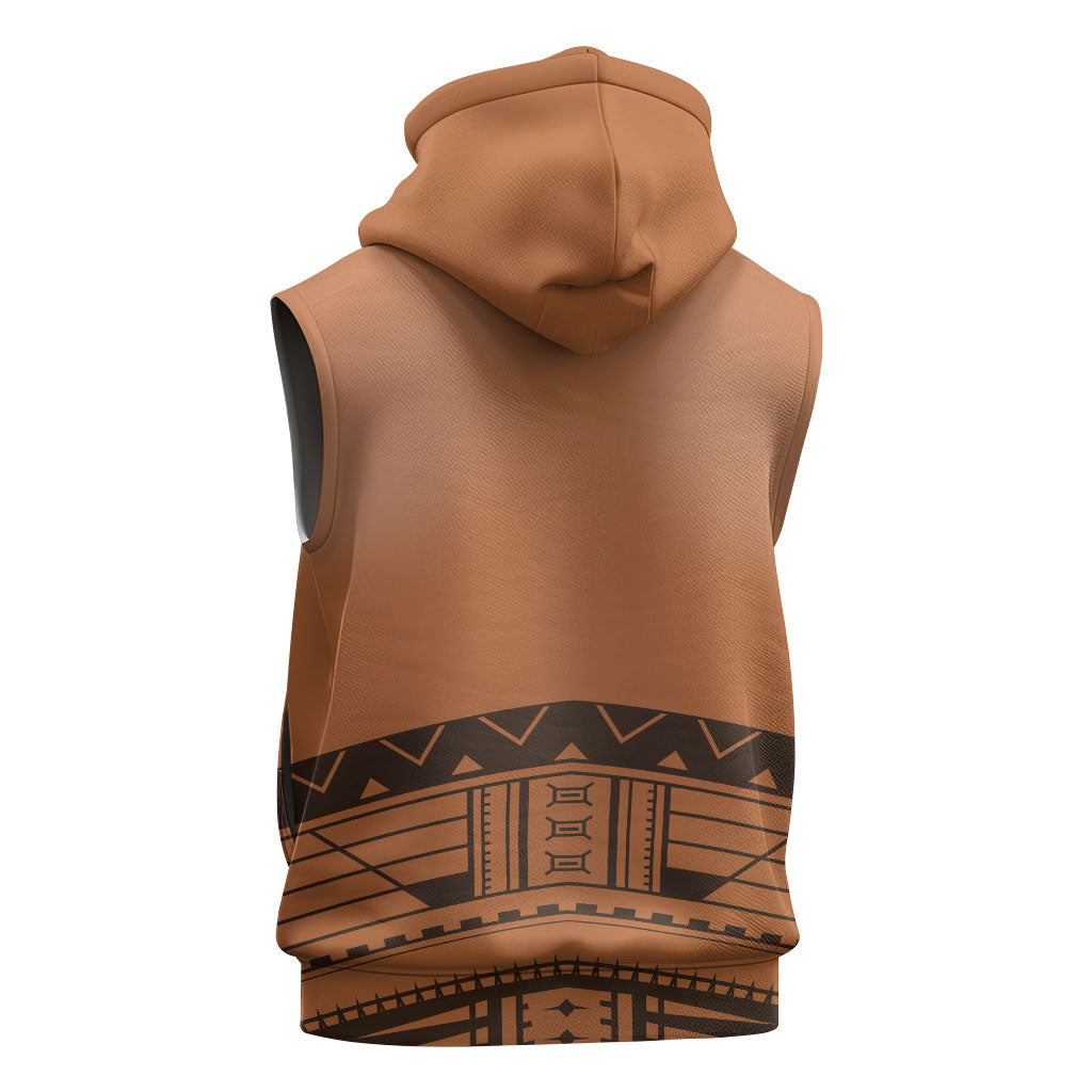 Polynesian Chief Inspired Costume Sleeveless Zip Hoodie Tribal Pattern With Tooth Necklace