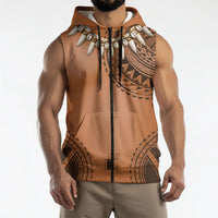 Polynesian Chief Inspired Costume Sleeveless Zip Hoodie Tribal Pattern With Tooth Necklace