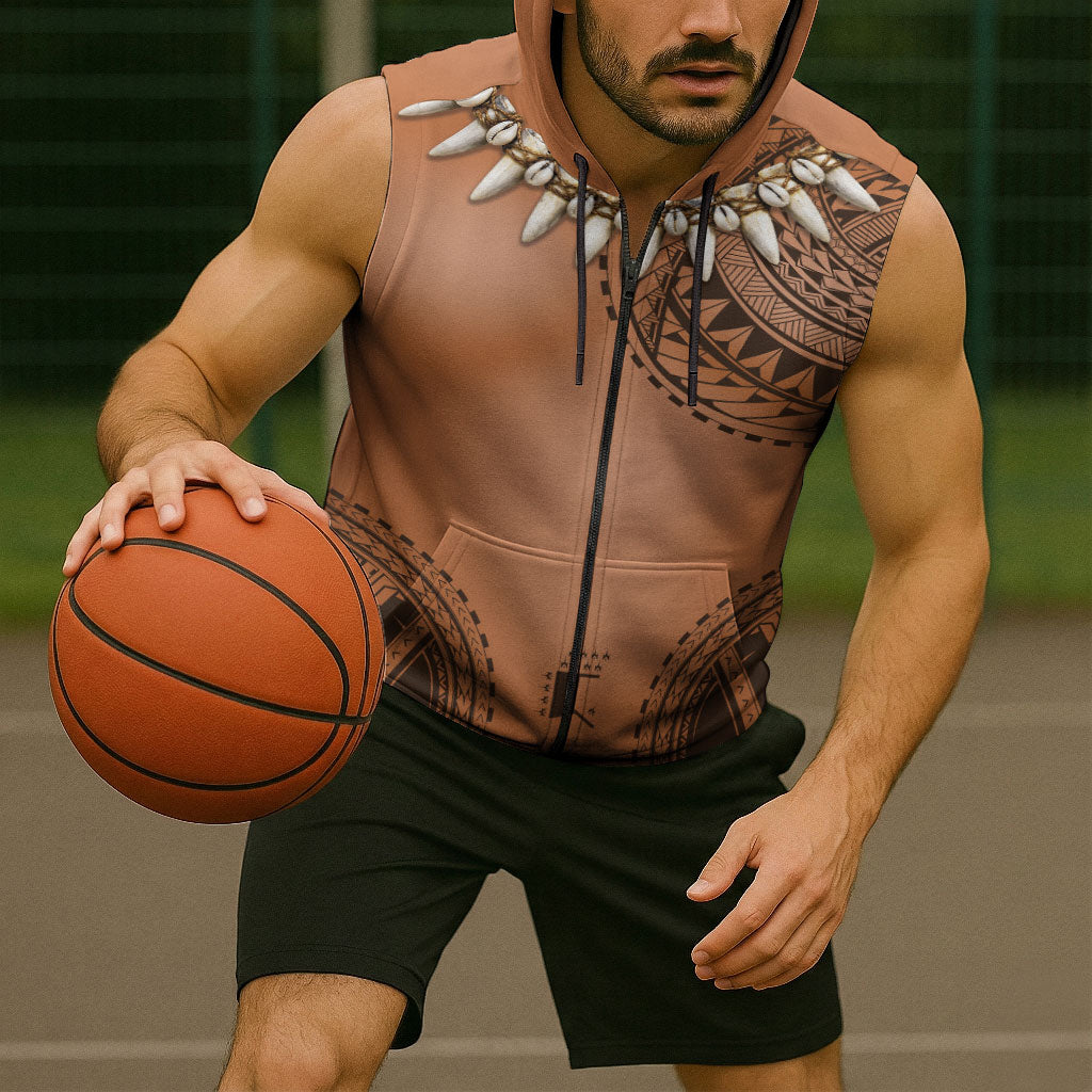 Polynesian Chief Inspired Costume Sleeveless Zip Hoodie Tribal Pattern With Tooth Necklace