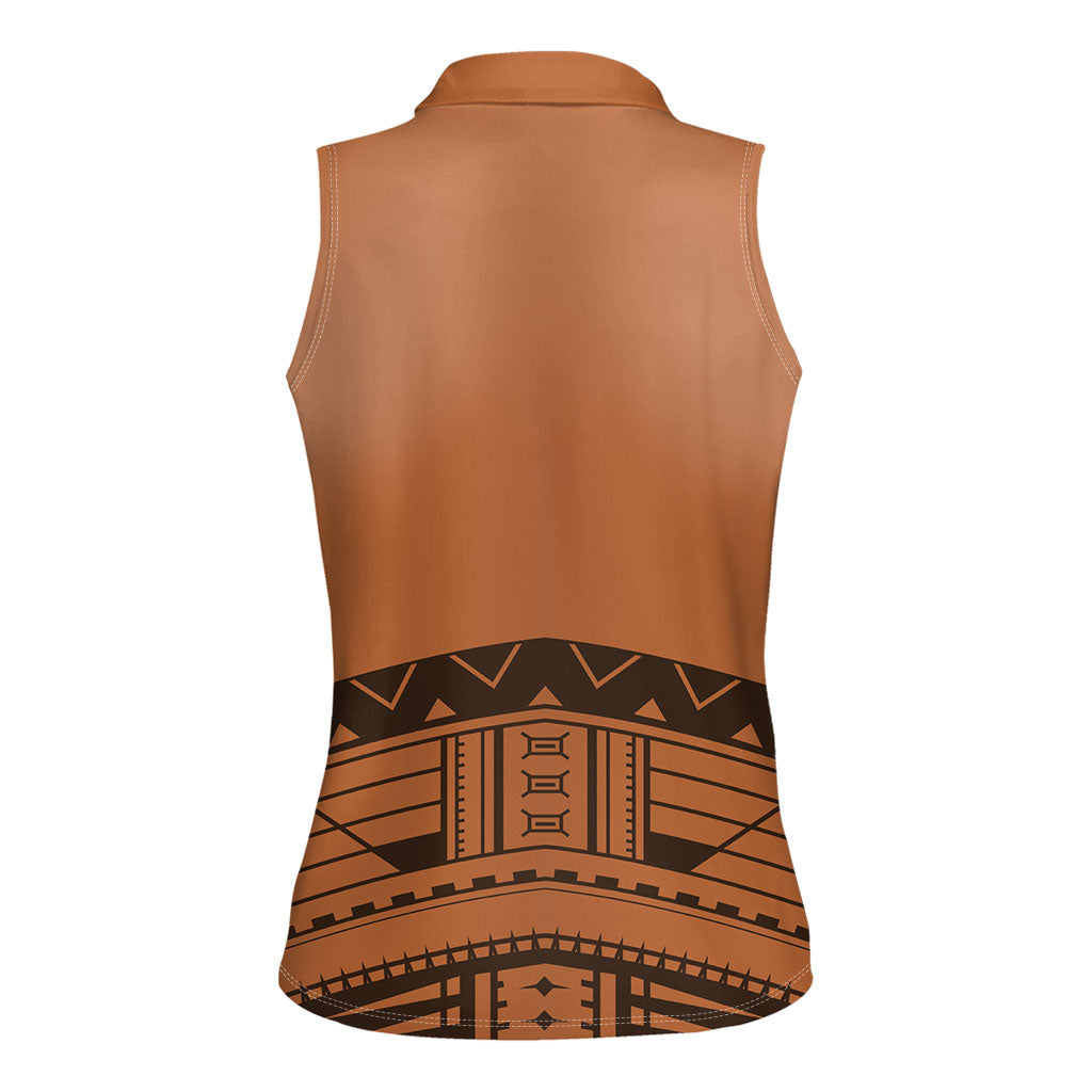 Polynesian Chief Inspired Costume Women Sleeveless Polo Shirt Tribal Pattern With Tooth Necklace