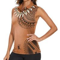 Polynesian Chief Inspired Costume Women Sleeveless Polo Shirt Tribal Pattern With Tooth Necklace